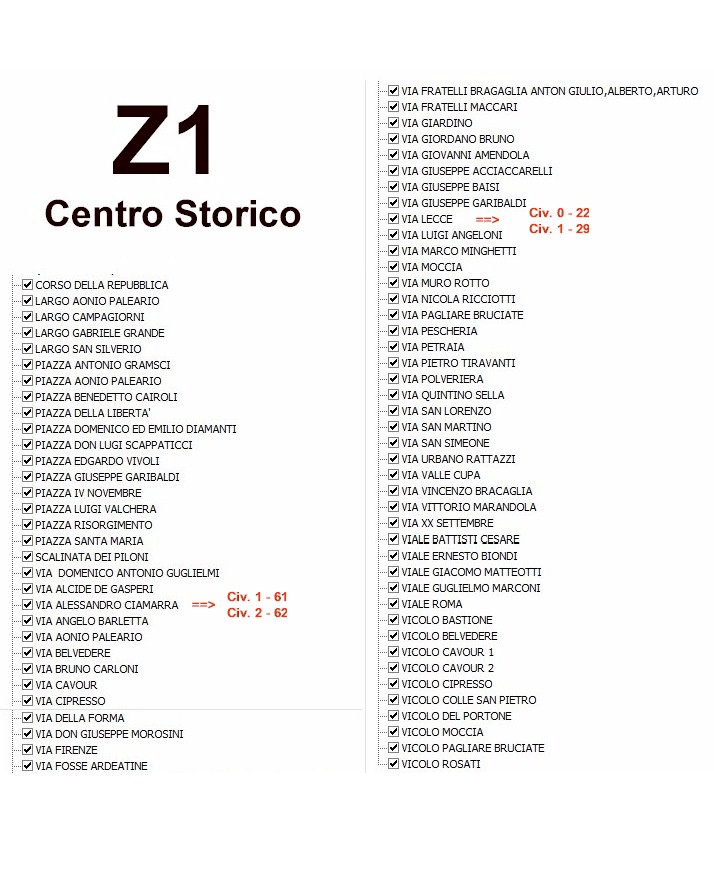 Zona 1 - Elenco Aree
